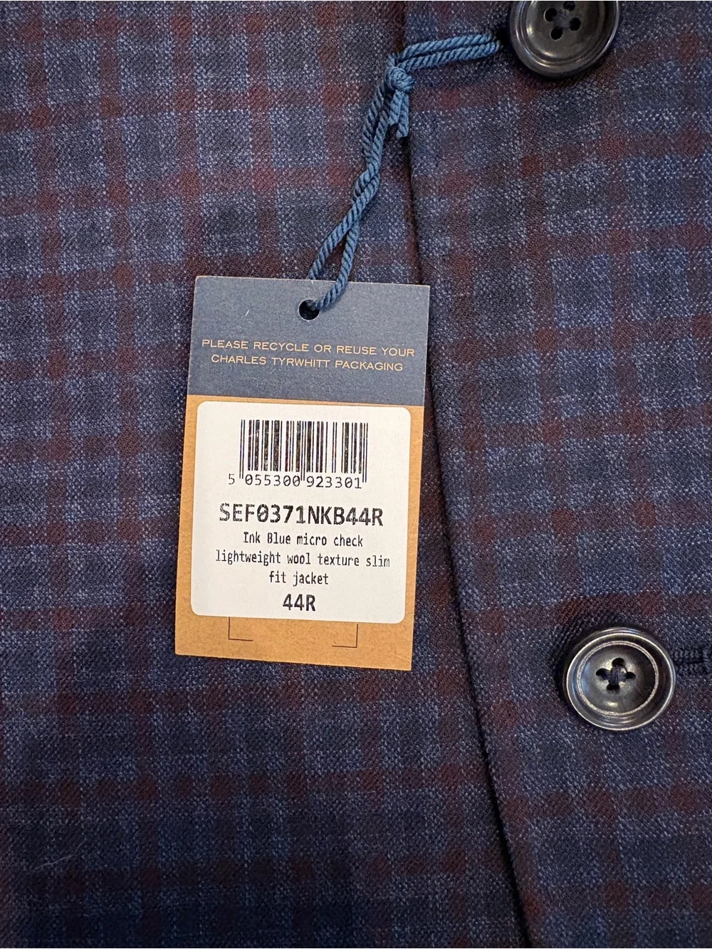 Charles Tyrwhitt Wool Texture Jacket Blazer Men’s 44 Ink Blue Check Light Weight